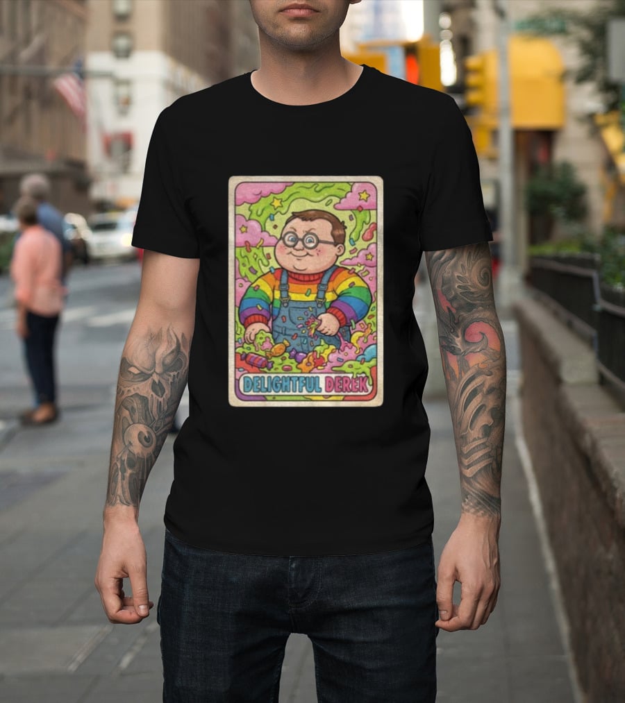Delightful Derek Rainbow Cartoon Character In Vibrant 80s T-Shirt