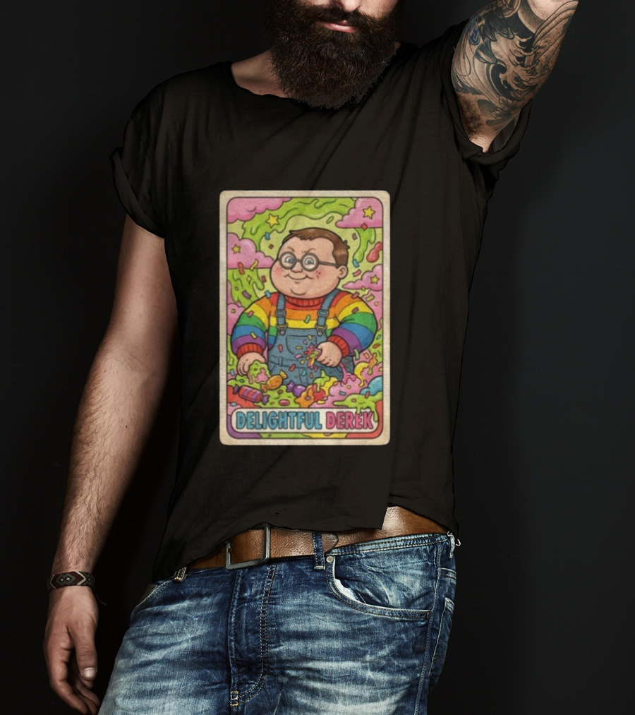 Delightful Derek Rainbow Cartoon Character In Vibrant 80s T-Shirt
