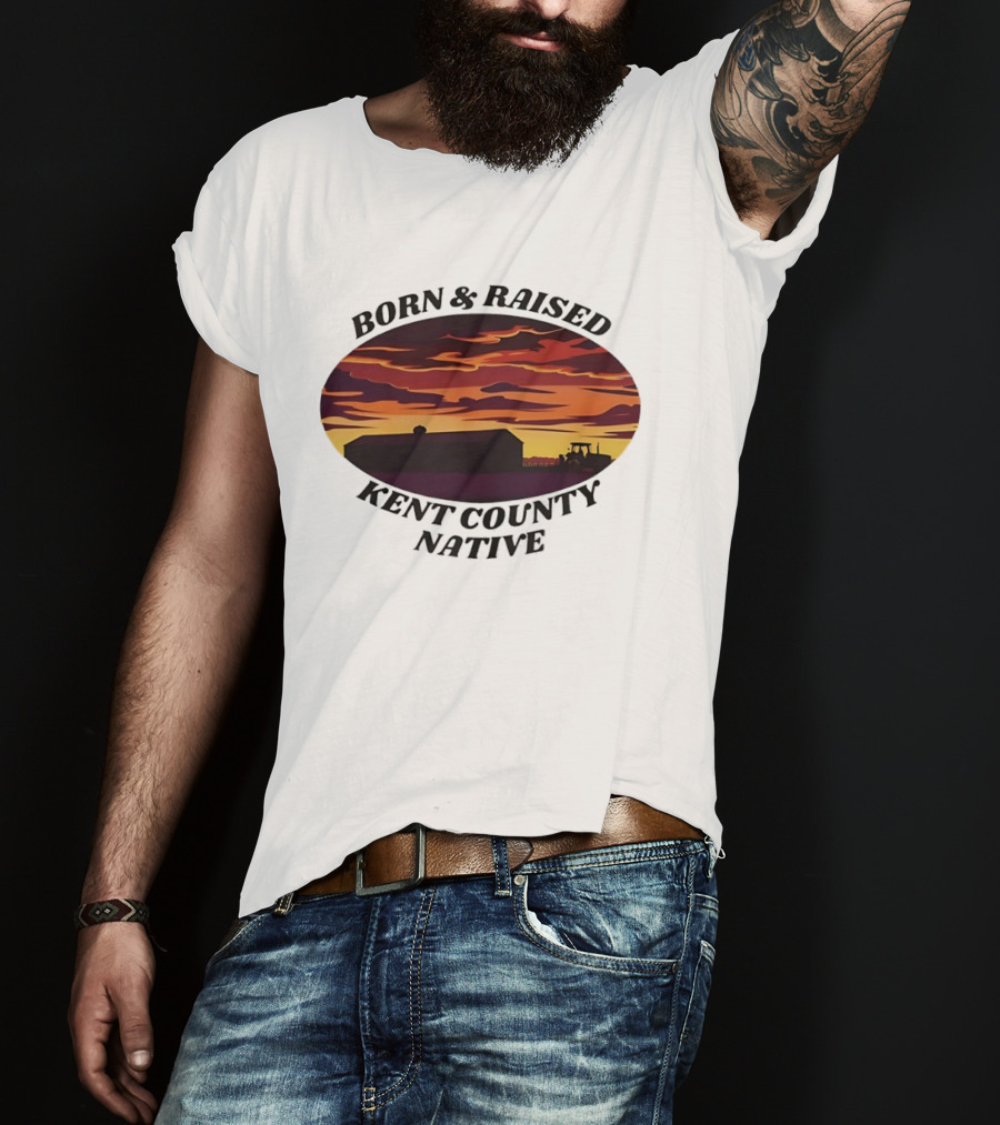 Born Raised Kent County Native Sunset Barn And Tractor Vintage Retro Landscape T-Shirt