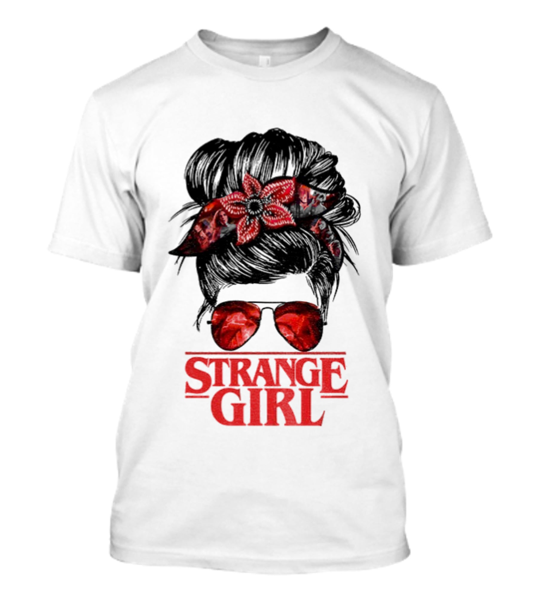 Strange Girl Red Floral Hair Scarf Messy Bun T-Shirt