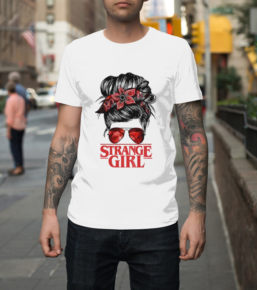 Strange Girl Red Floral Hair Scarf Messy Bun T-Shirt