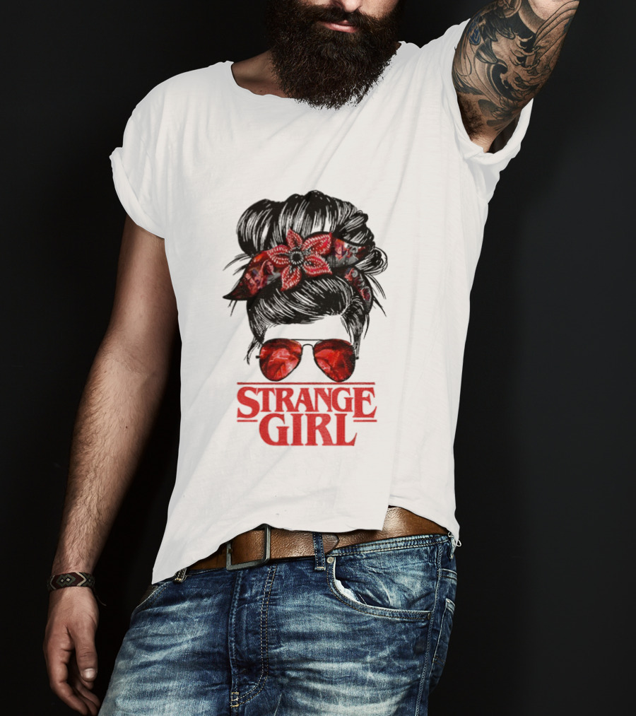 Strange Girl Red Floral Hair Scarf Messy Bun T-Shirt
