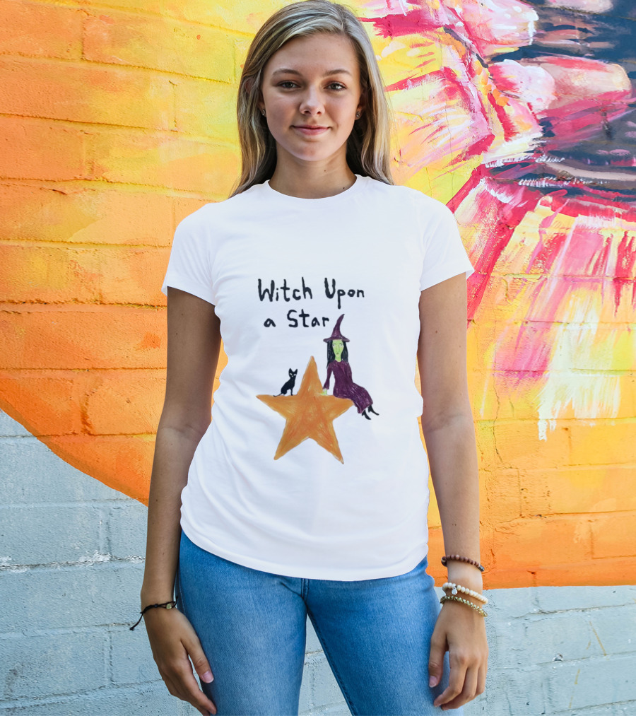Witch Upon A Star Green Witch Purple Hat Orange Star Black Cat T-Shirt