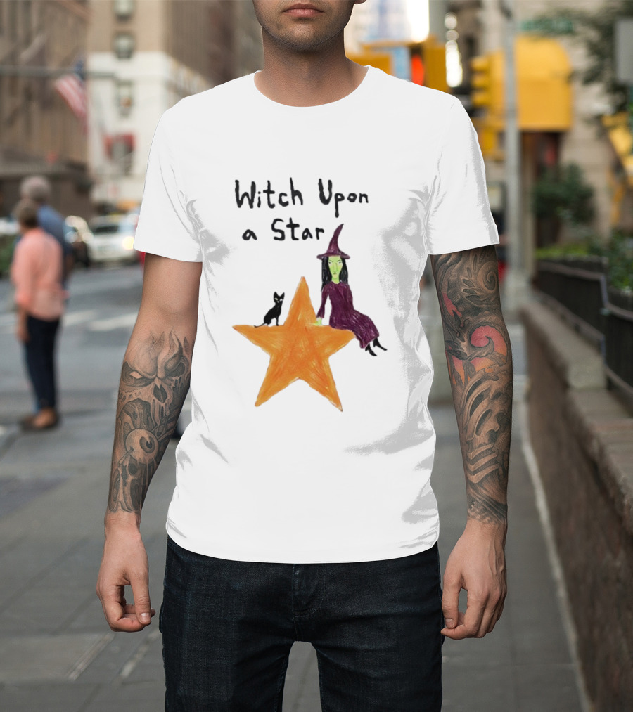 Witch Upon A Star Green Witch Purple Hat Orange Star Black Cat T-Shirt