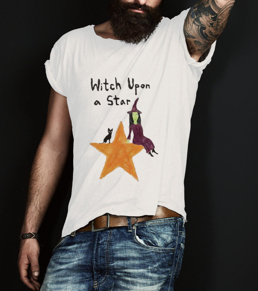 Witch Upon A Star Green Witch Purple Hat Orange Star Black Cat T-Shirt