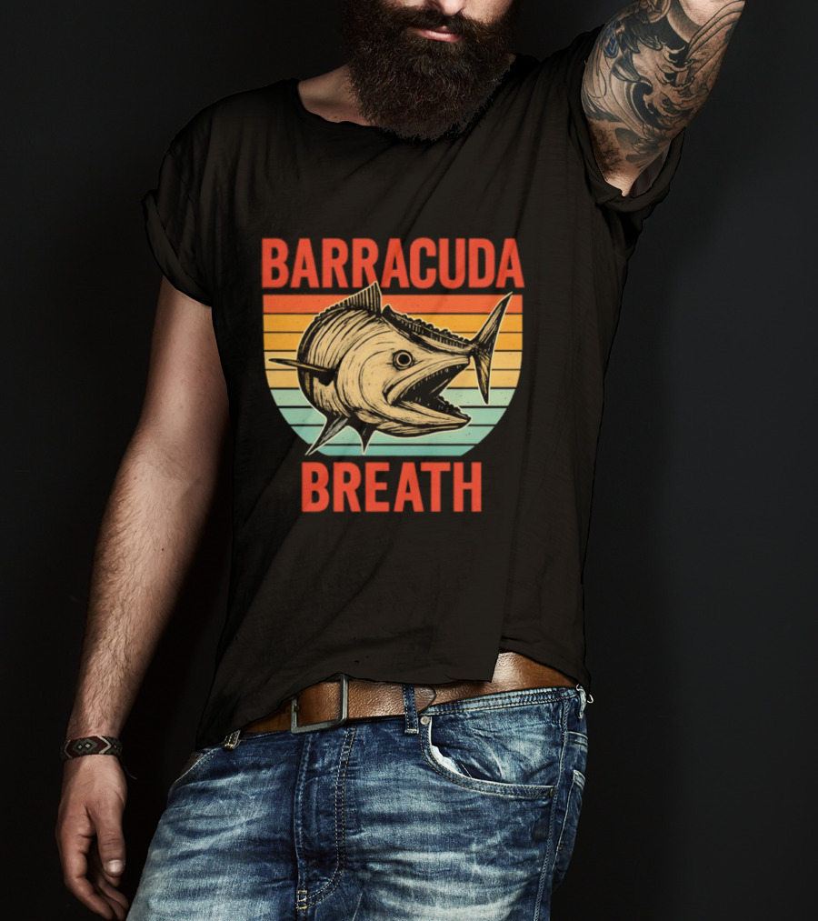 Barracuda Breath Funny Fishing Retro Vintage Stripes T-Shirt
