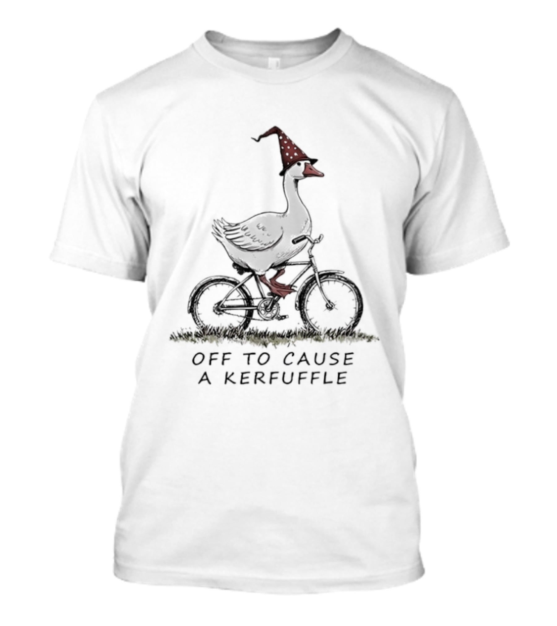 Goose Riding A Bicycle Witch Hat Causing A Kerfuffle Halloween Adventure T-Shirt