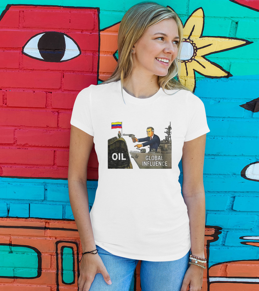 USA Venezuela Oil Conflict Political Satire Global Influence Cartoon Flags Gun Ship T-Shirt
