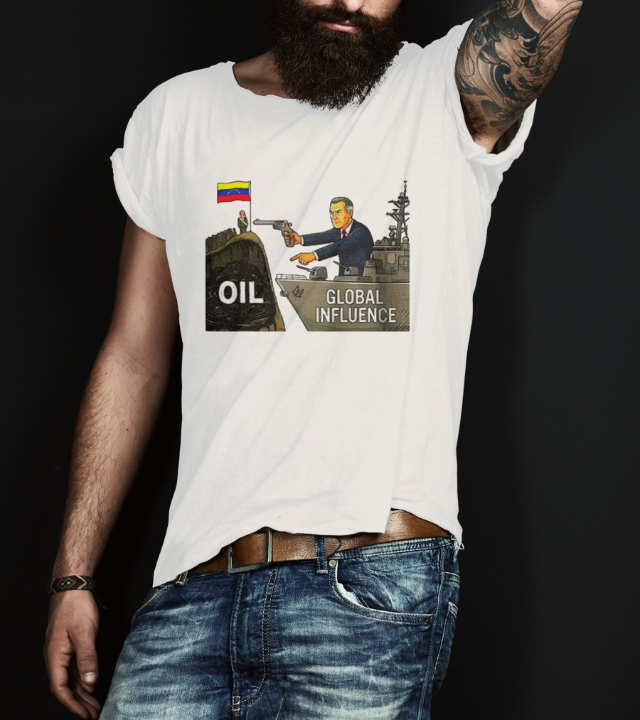 USA Venezuela Oil Conflict Political Satire Global Influence Cartoon Flags Gun Ship T-Shirt