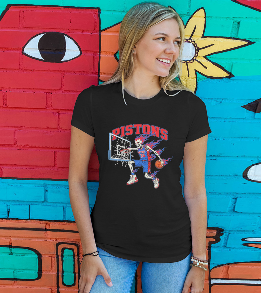 Detroit Pistons Skeleton Basketball Player With Flame Hair Dunking T-Shirt