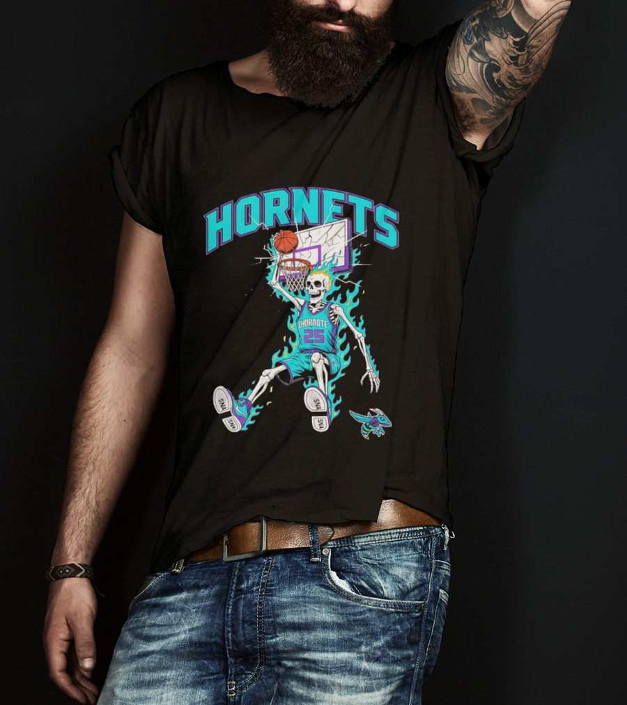 Charlotte Hornets Skeleton Dunking Basketball Retro Style Flame T-Shirt