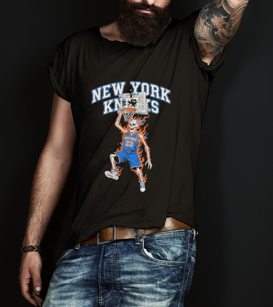 New York Knicks Basketball Skeleton Player Dunking Fire 23 T-Shirt