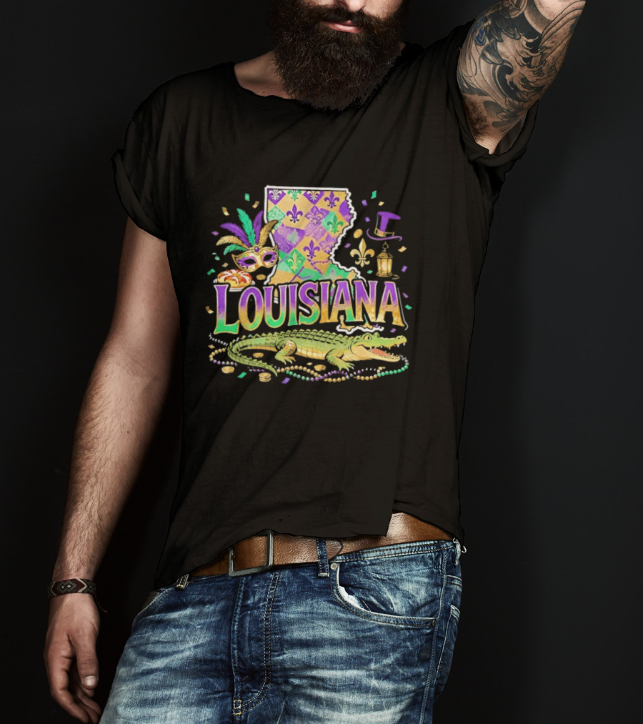 Louisiana Mardi Gras Alligator Carnival Mask Beads Fleur De Lis Lantern T-Shirt