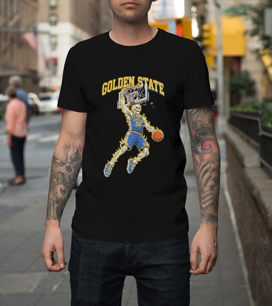 Golden State Warriors Basketball Skeleton Player Slam Dunk Fire T-Shirt