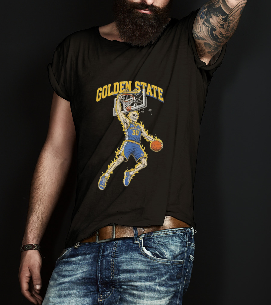 Golden State Warriors Basketball Skeleton Player Slam Dunk Fire T-Shirt