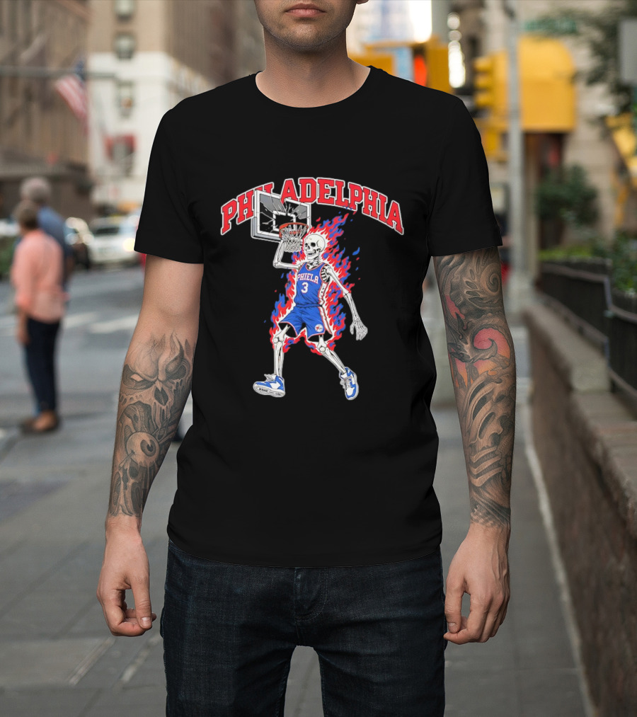 Philadelphia 76ers Skeleton Dunking Basketball Player In Flames T-Shirt