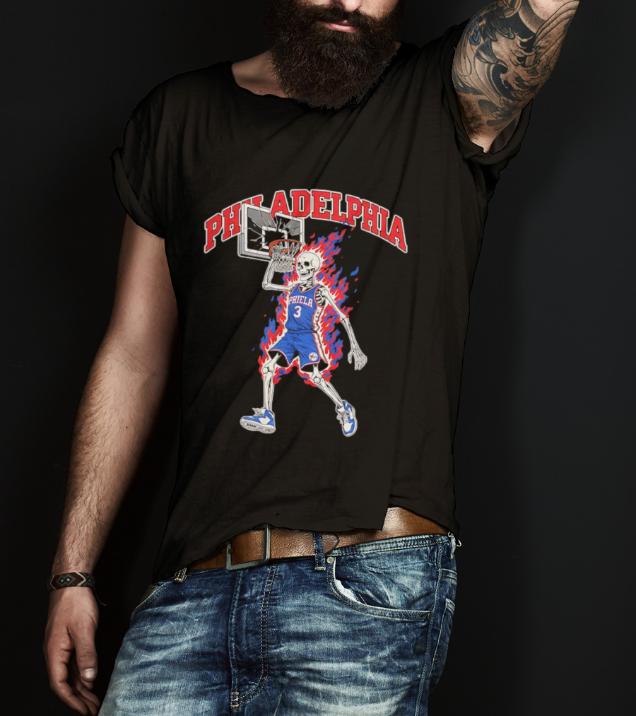 Philadelphia 76ers Skeleton Dunking Basketball Player In Flames T-Shirt