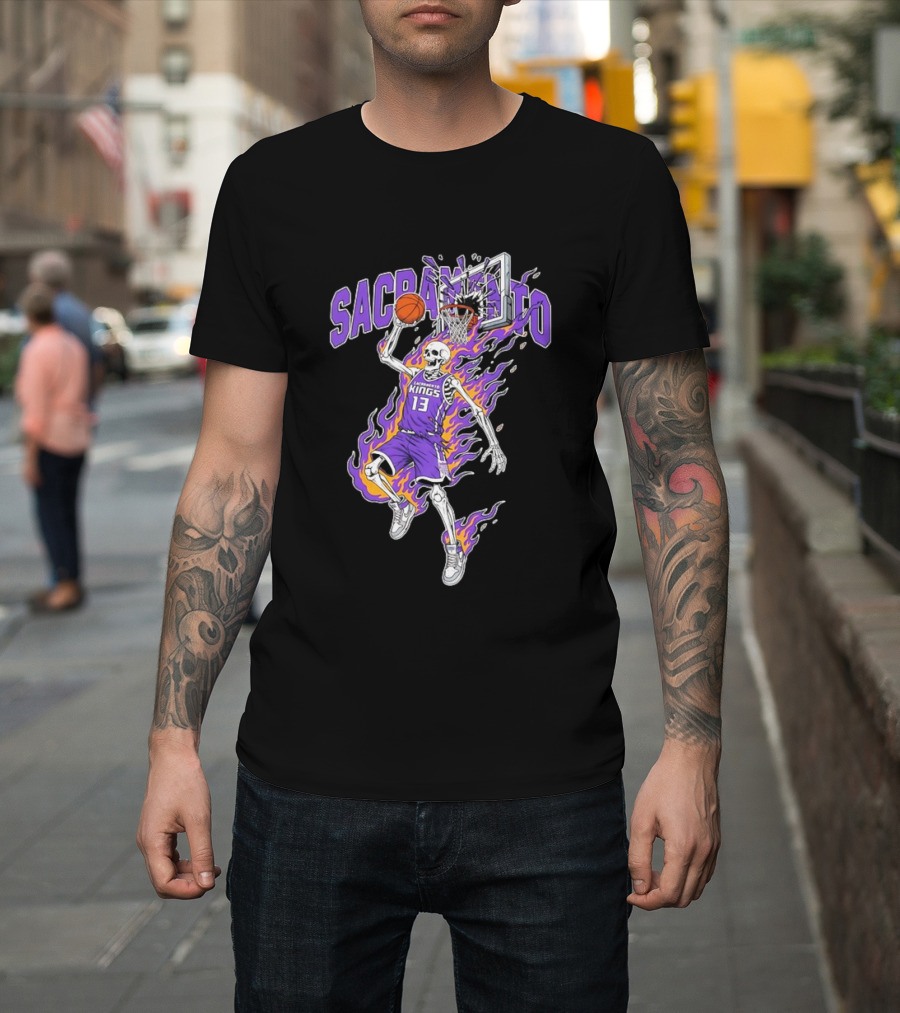 Sacramento Kings Skeleton Basketball Player Flames Sports Team T-Shirt