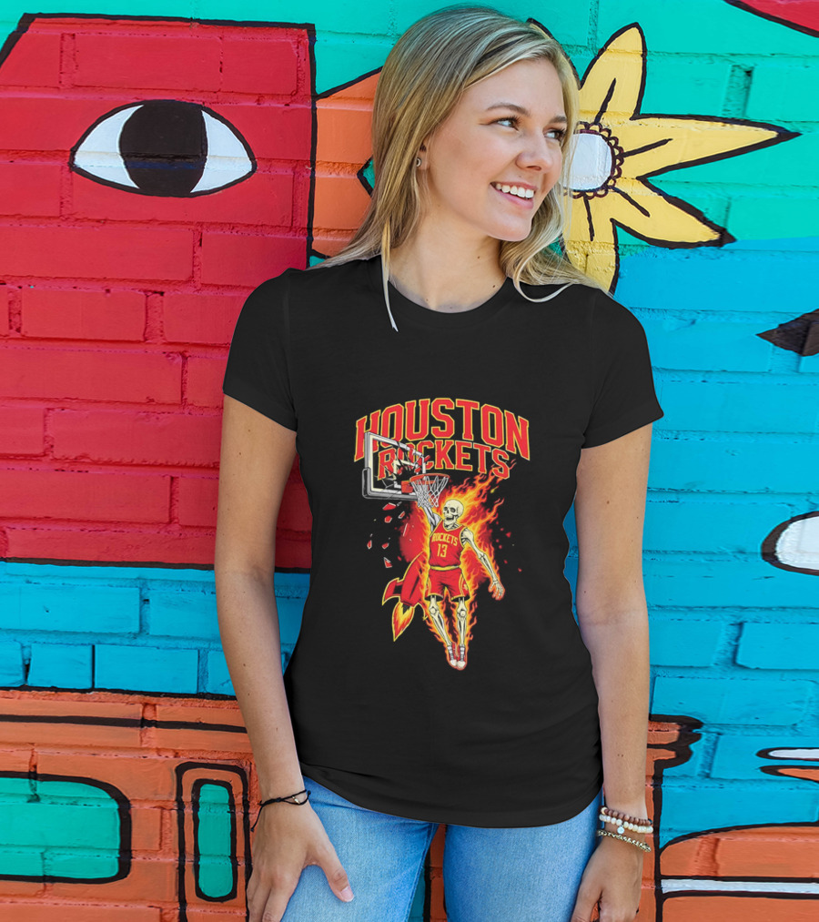 Houston Rockets Basketball Flaming Skeleton Player Dunking T-Shirt