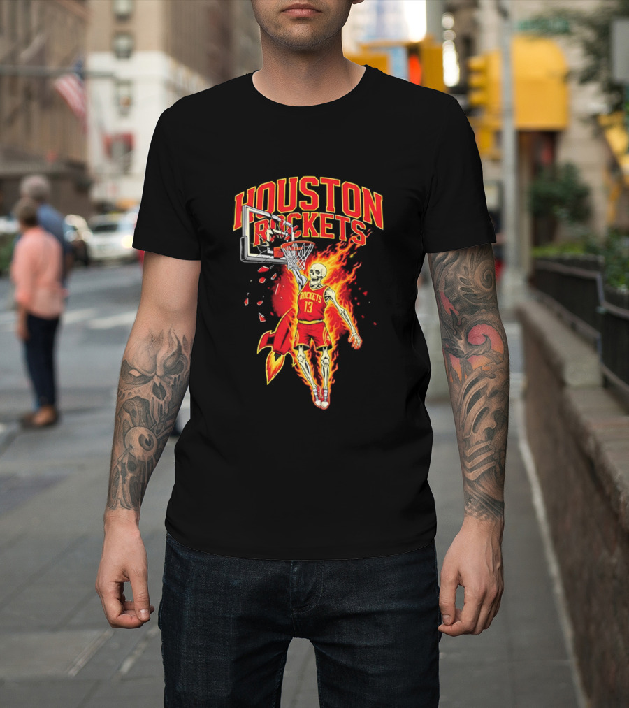 Houston Rockets Basketball Flaming Skeleton Player Dunking T-Shirt