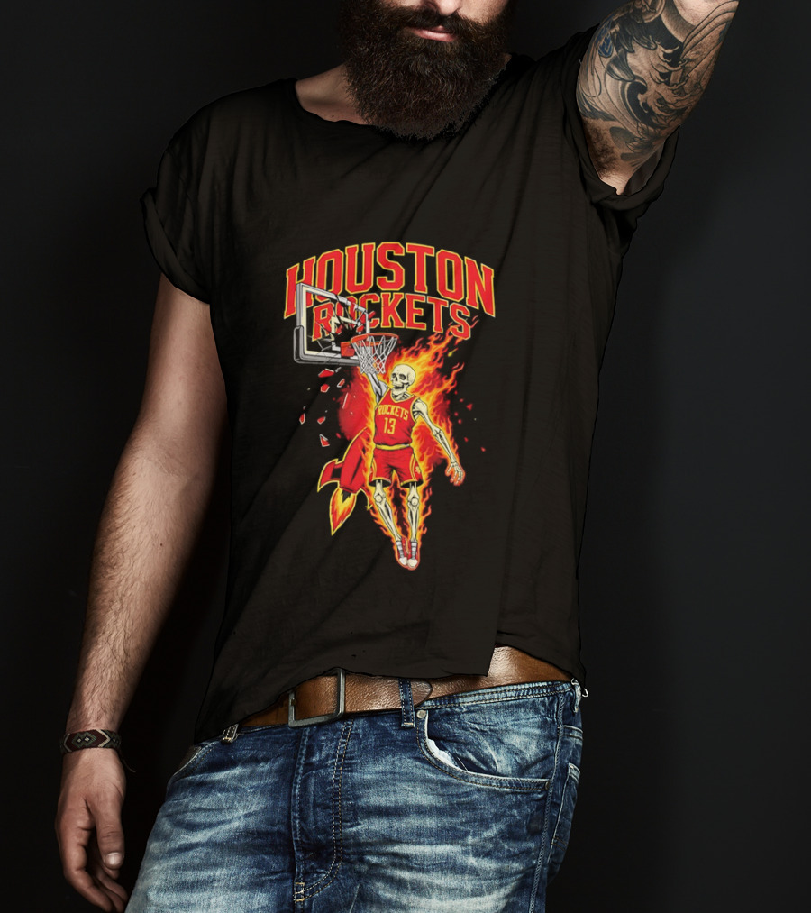 Houston Rockets Basketball Flaming Skeleton Player Dunking T-Shirt