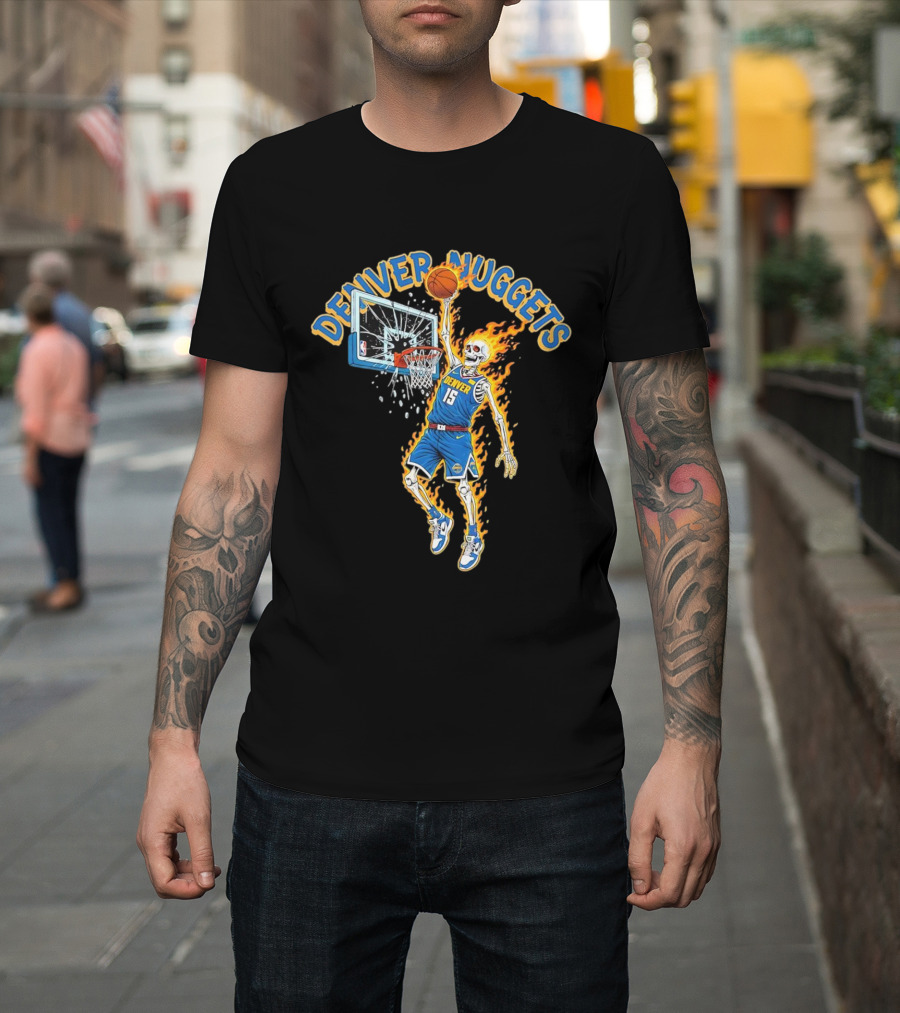 Denver Nuggets Skeleton Player Dunking With Basketball And Fire T-Shirt