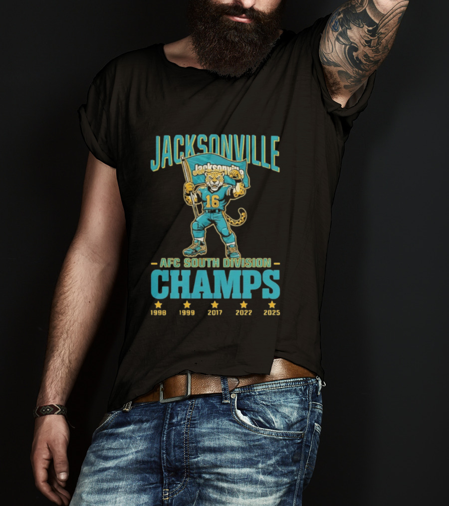 Jacksonville Jaguars Mascot 16 Holding Flag AFC South Division Champs 1998 1999 2017 2022 2023 T-Shirt