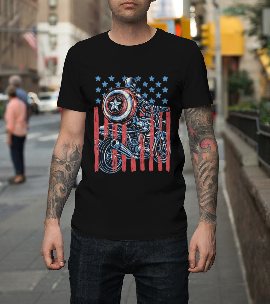 Captain America Motorcycle Ride With Shield And American Flag Stars And Stripes T-Shirt