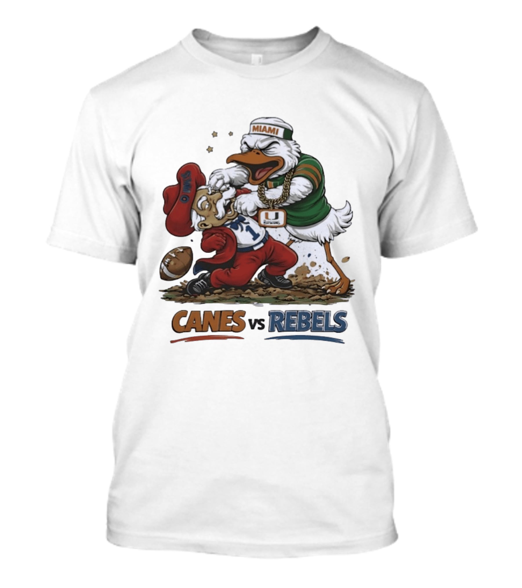 Miami Hurricanes Vs Ole Miss Rebels Mascot Showdown CFP Semifinal Vrbo Fiesta Bowl 2026 T-Shirt
