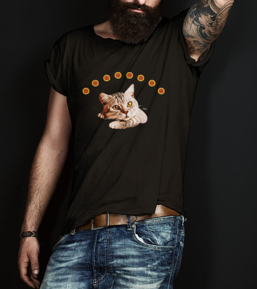Sunflower Cat Whimsical Feline Surrounded By Flowers T-Shirt