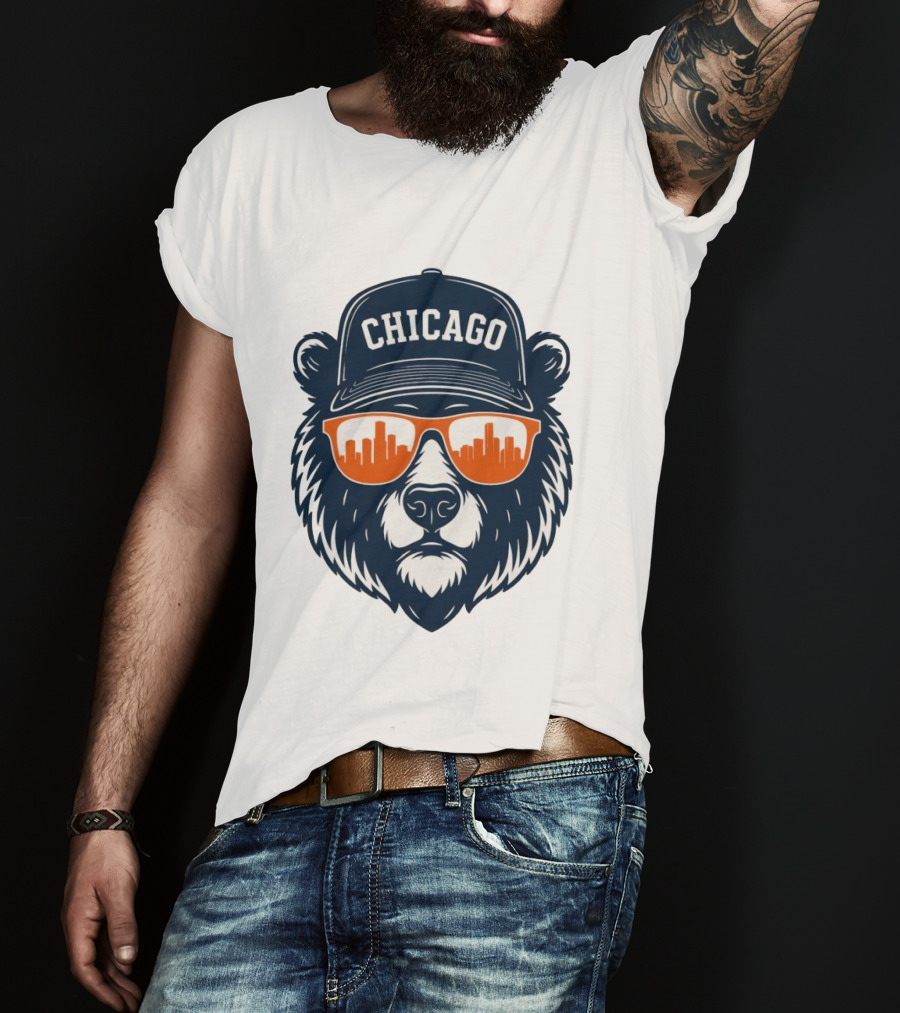 Chicago Bears Skyline 2026 Football City Bear With Hat And Sunglasses T-Shirt
