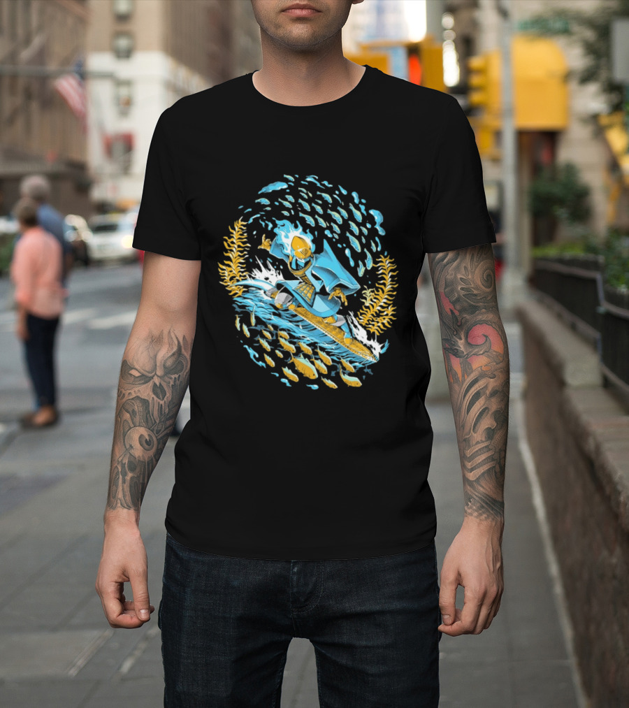 Sword Of The Sea Life Beneath The Waves Golden Samurai Surfer Wave Motion T-Shirt