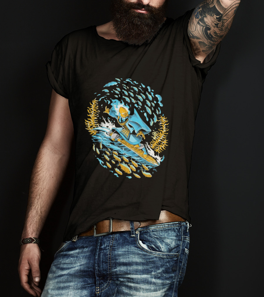 Sword Of The Sea Life Beneath The Waves Golden Samurai Surfer Wave Motion T-Shirt