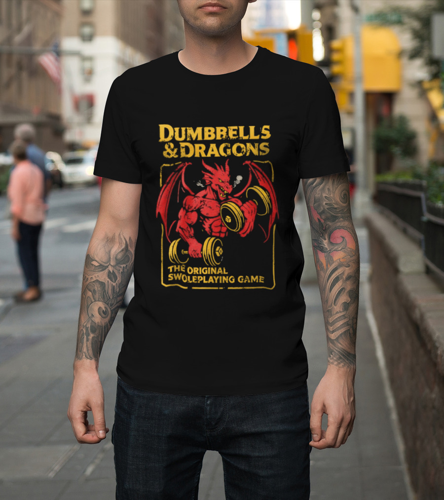 Dumbbells And Dragons The Original Swoleplaying Game Red Dragon Lifting Weights T-Shirt