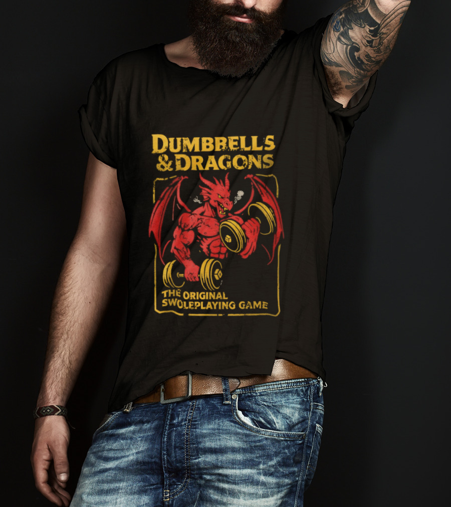 Dumbbells And Dragons The Original Swoleplaying Game Red Dragon Lifting Weights T-Shirt