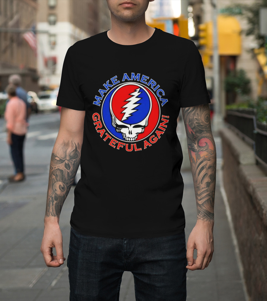 Make America Grateful Again Skull With Red Blue Lightning Bolt T-Shirt