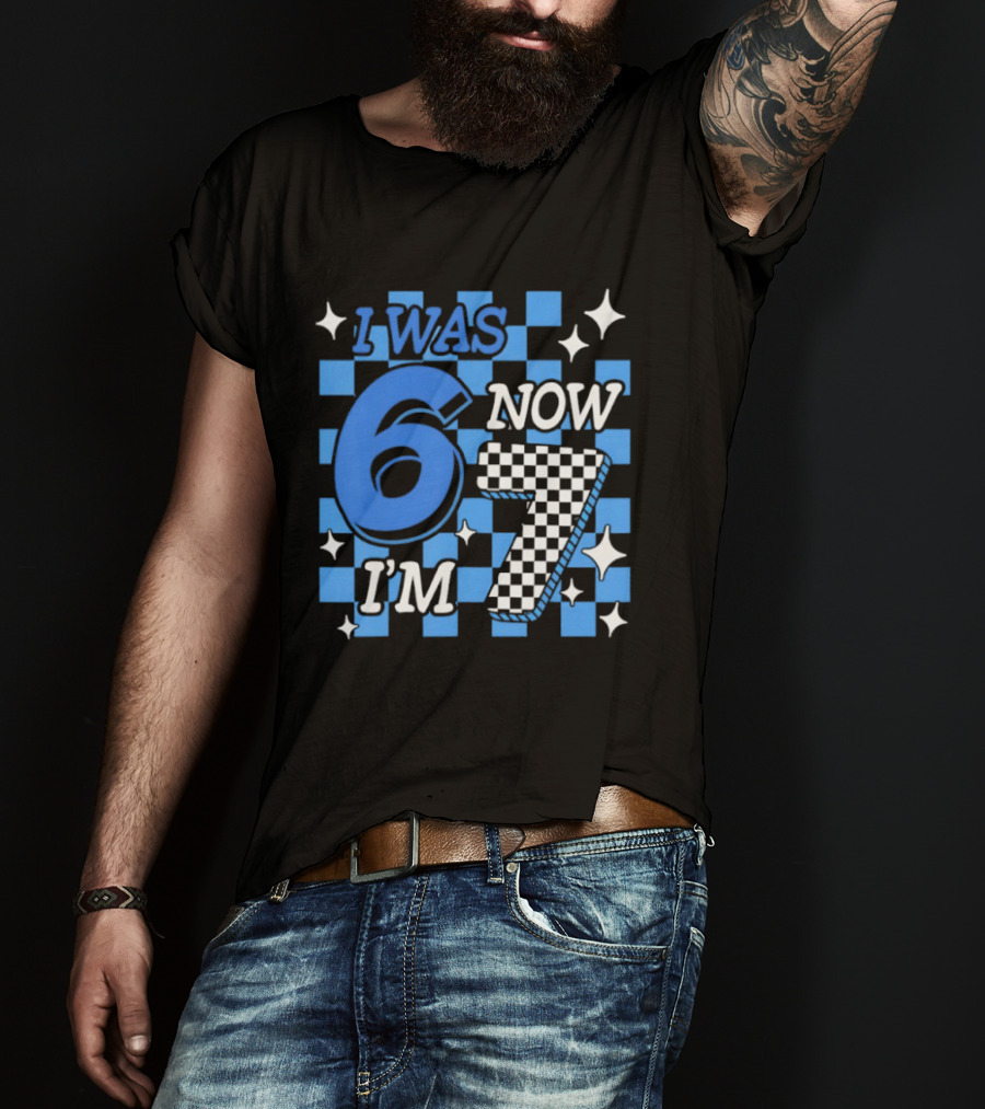 Blue Checkered I Was 6 Now I'm 7 Birthday Boy T-Shirt