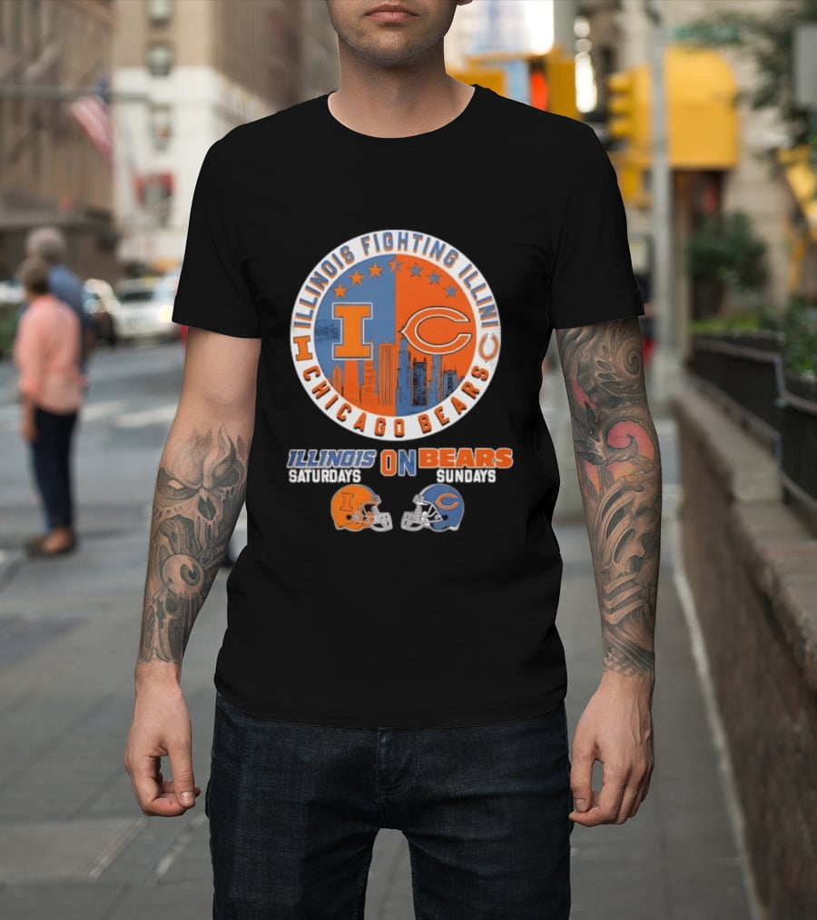 Illinois Fighting Illini And Chicago Bears Saturdays And Sundays Helmet Mashup T-Shirt