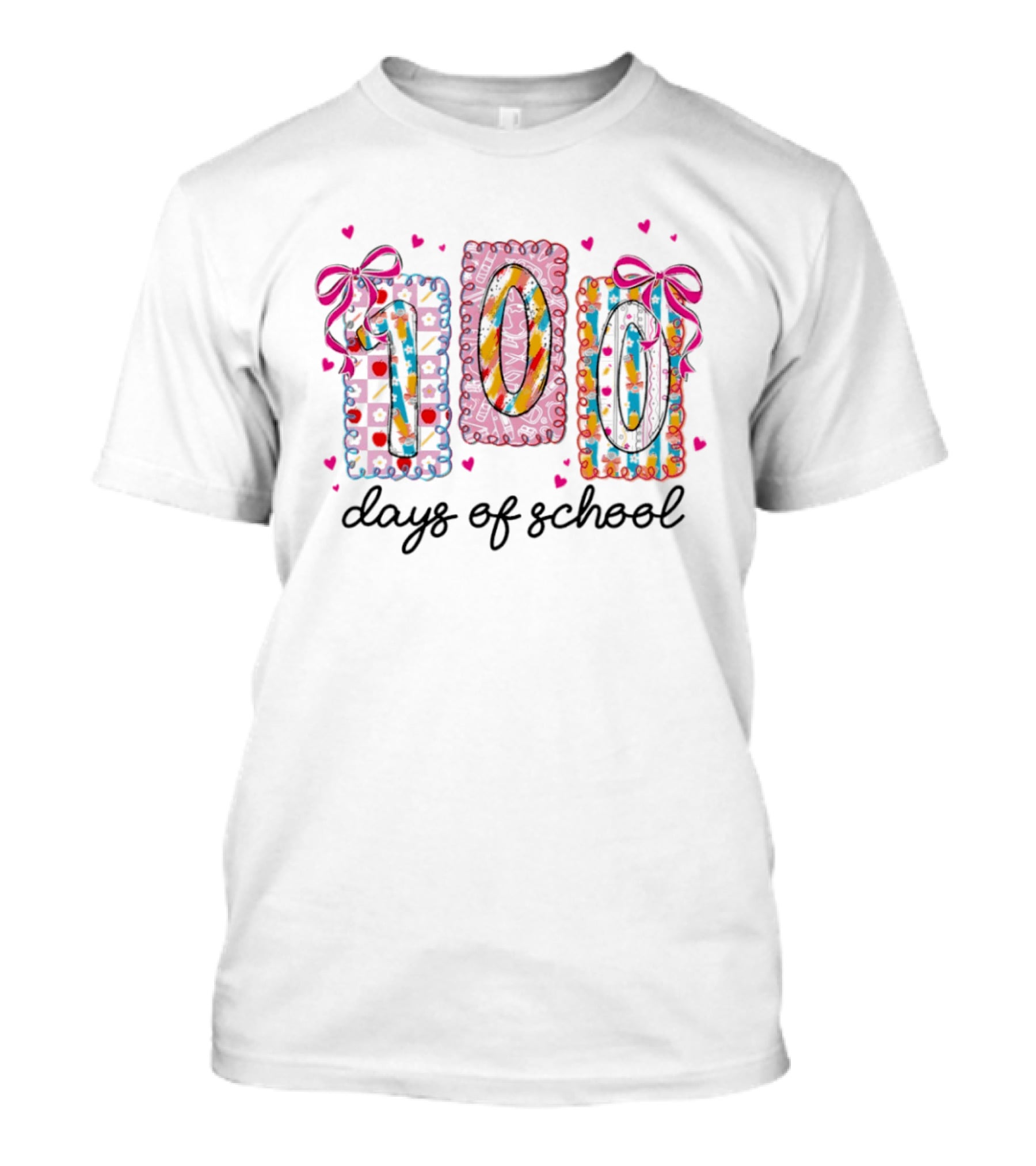 Colorful 100 Days Of School Celebration With Hearts And Bows T-Shirt