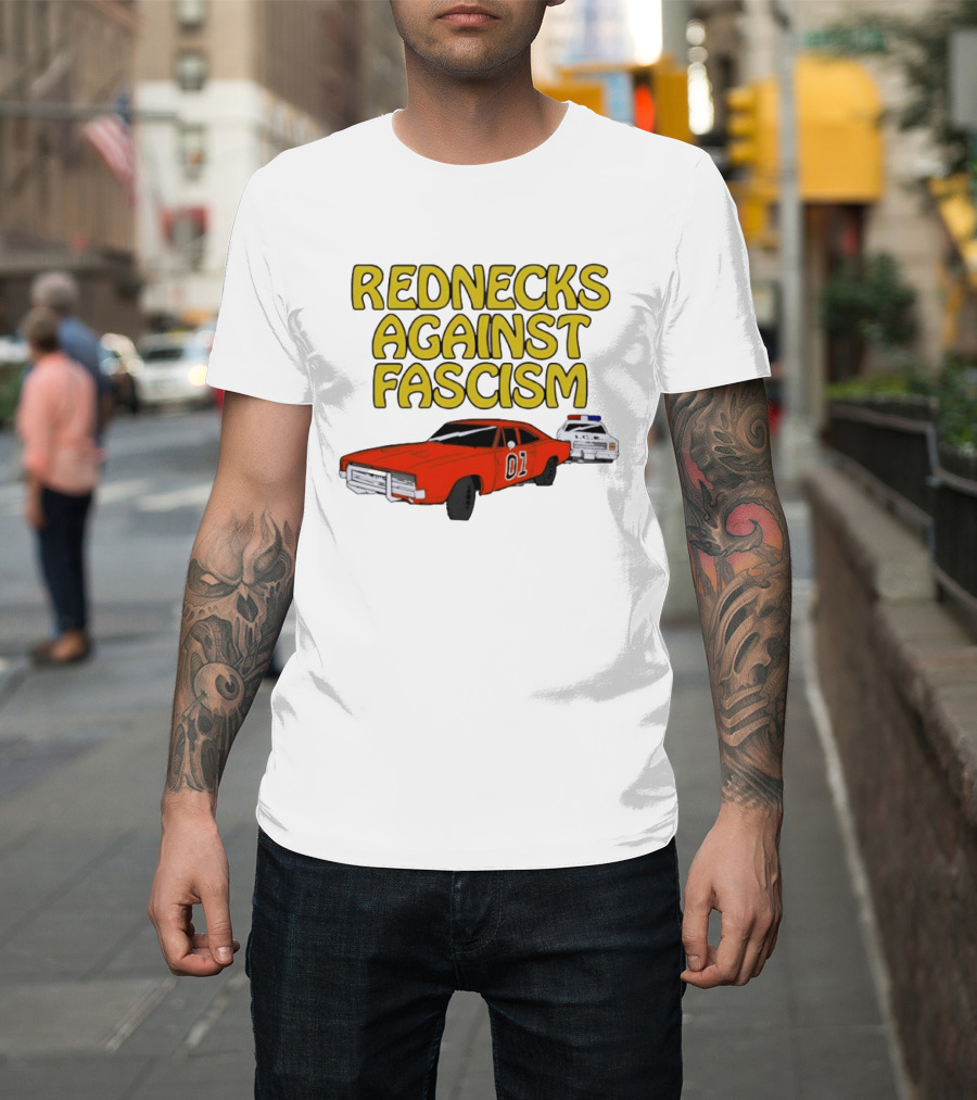 Rednecks Against Fascism Car Cartoon With 01 And Police Chase Scene T-Shirt