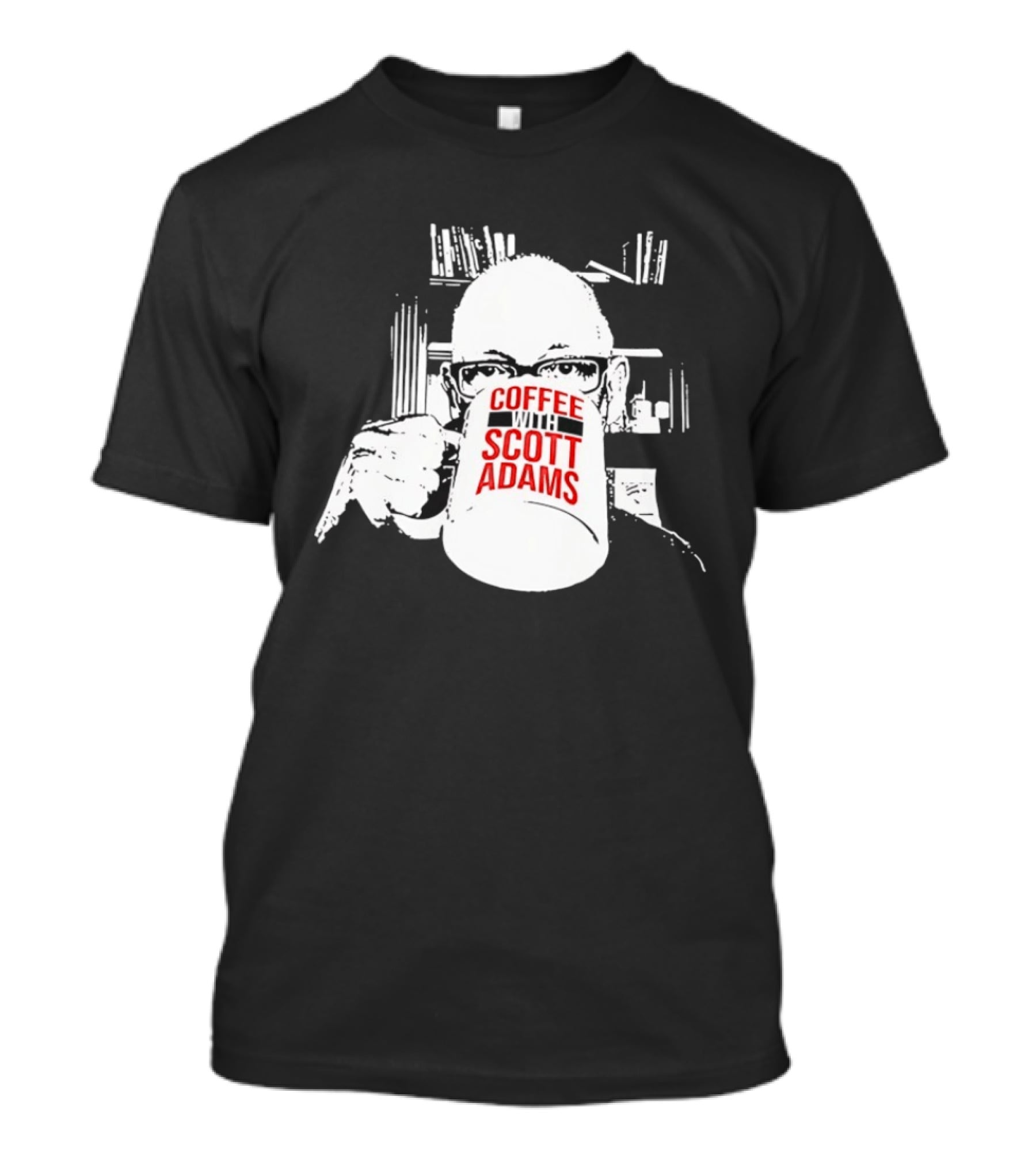 Coffee With Scott Adams Graphic Art And Bookshelves T-Shirt