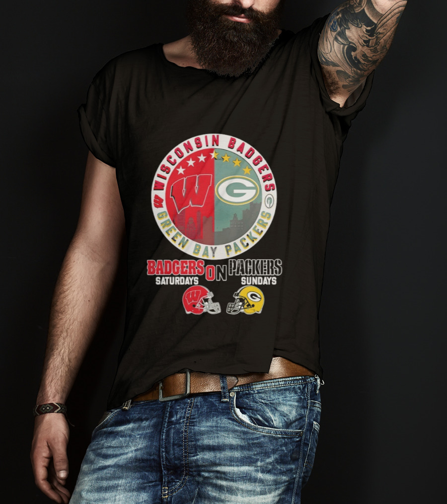 Wisconsin Badgers Green Bay Packers Saturdays Sundays Helmet Mashup T-Shirt