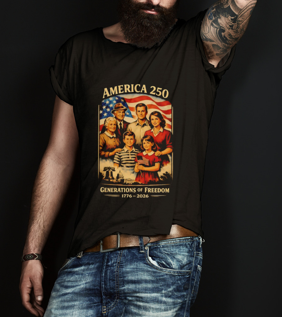 America 250 Generations Of Freedom 1776 2026 Vintage Family With Flag T-Shirt