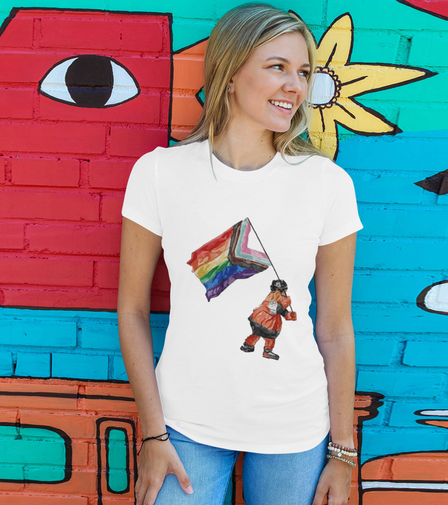 Philadelphia Hockey Mascot Holding Progress Pride Flag T-Shirt
