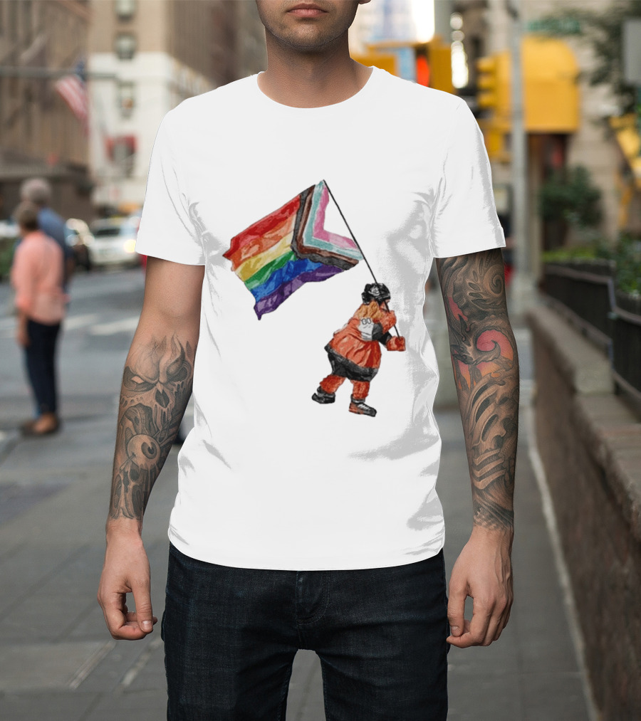 Philadelphia Hockey Mascot Holding Progress Pride Flag T-Shirt