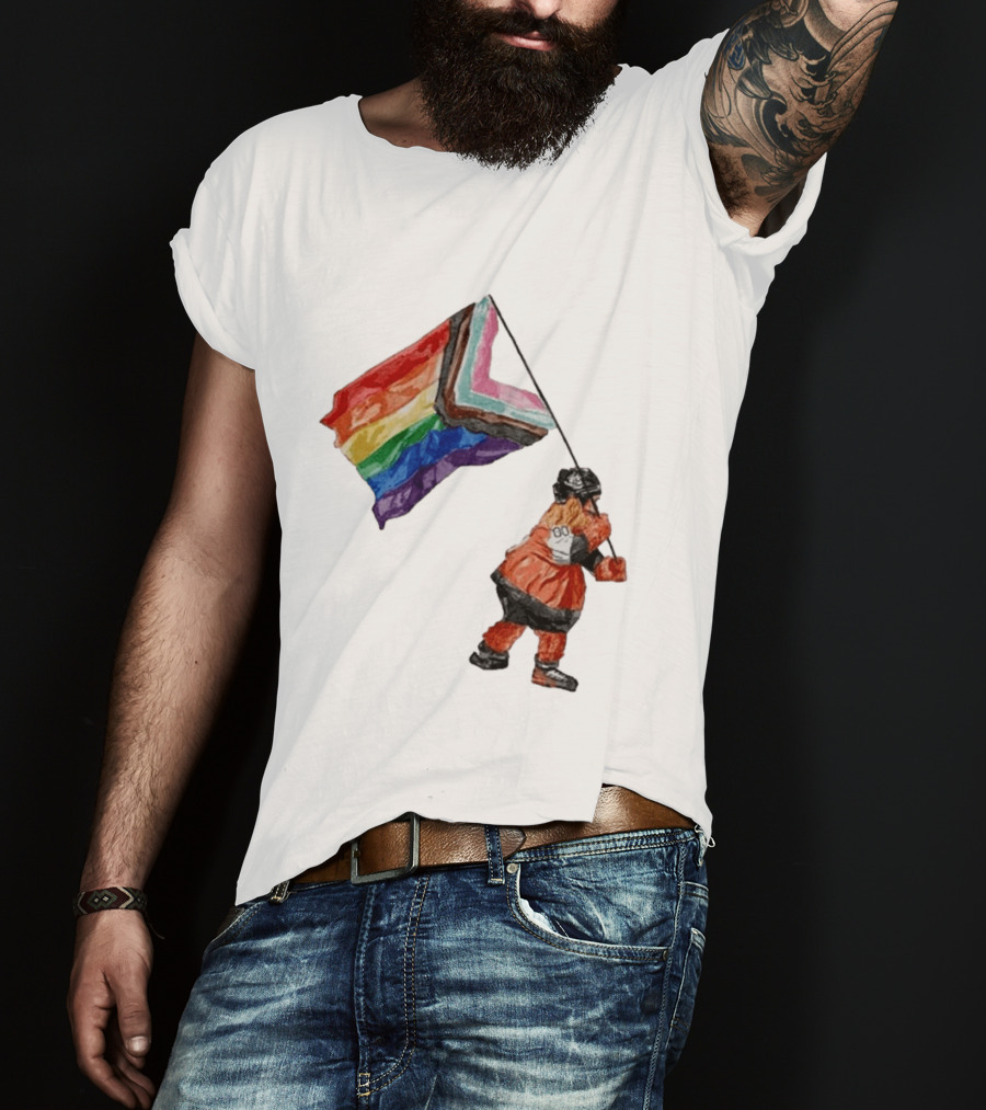 Philadelphia Hockey Mascot Holding Progress Pride Flag T-Shirt