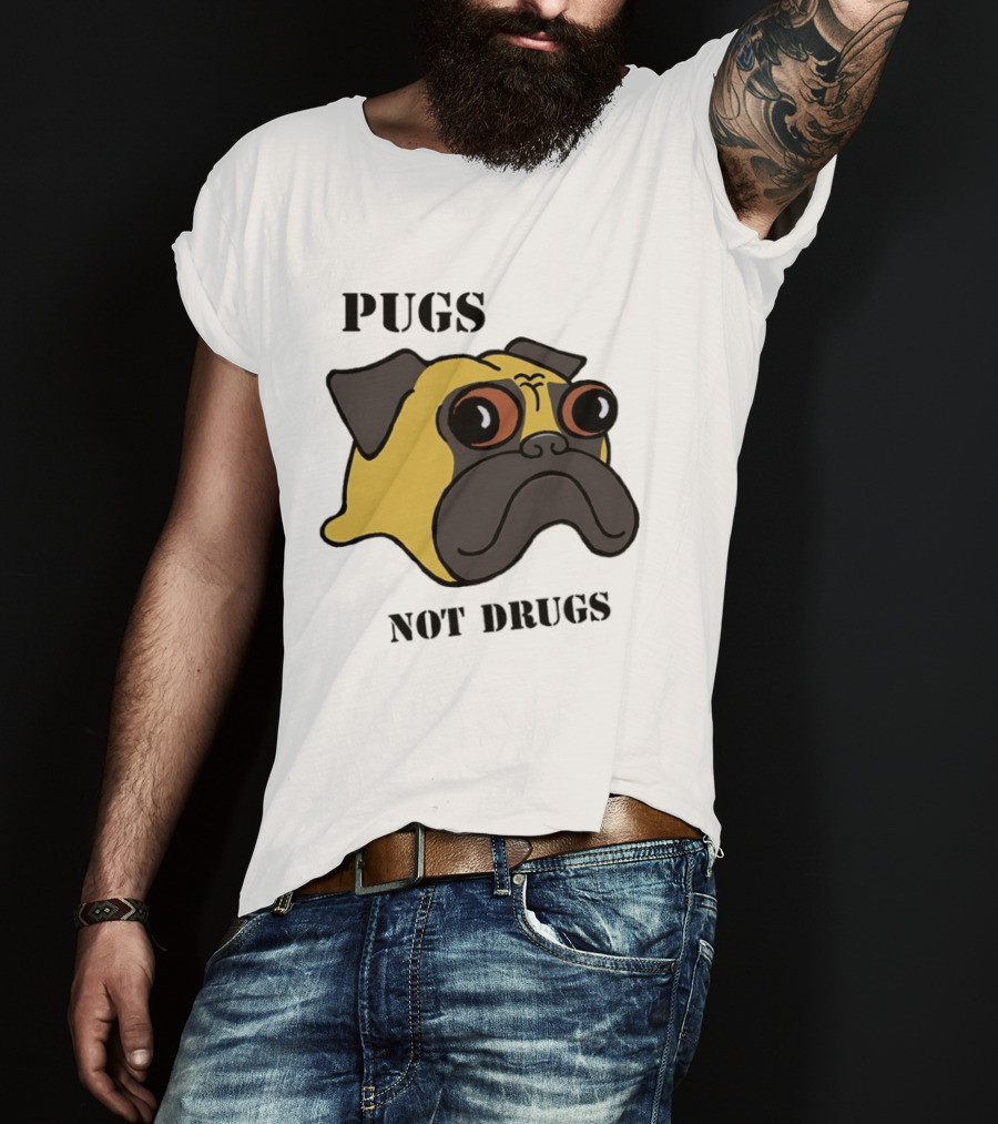 Pugs Not Drugs Cartoon Dog Face Funny Anti Drug Message T-Shirt