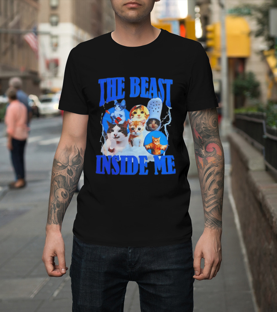 The Beast Inside Me Cat Collage With Blue Electric Accents T-Shirt