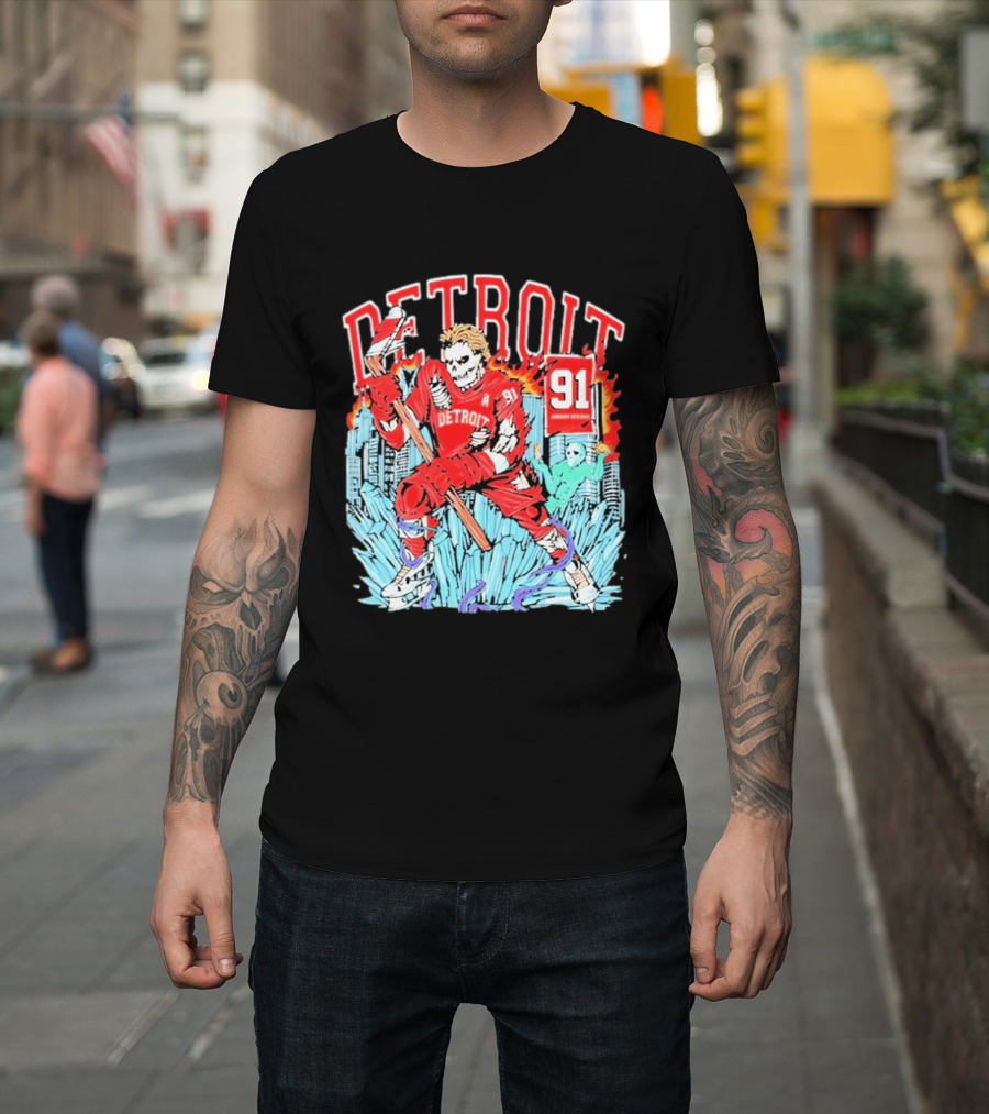 Detroit Hockey 91 Skeleton Player Red Jersey Cityscape Flame T-Shirt
