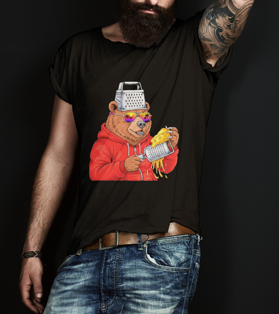 Bear With Cheese Grater Hat And Sunglasses With Bright Palm Tree Reflection T-Shirt